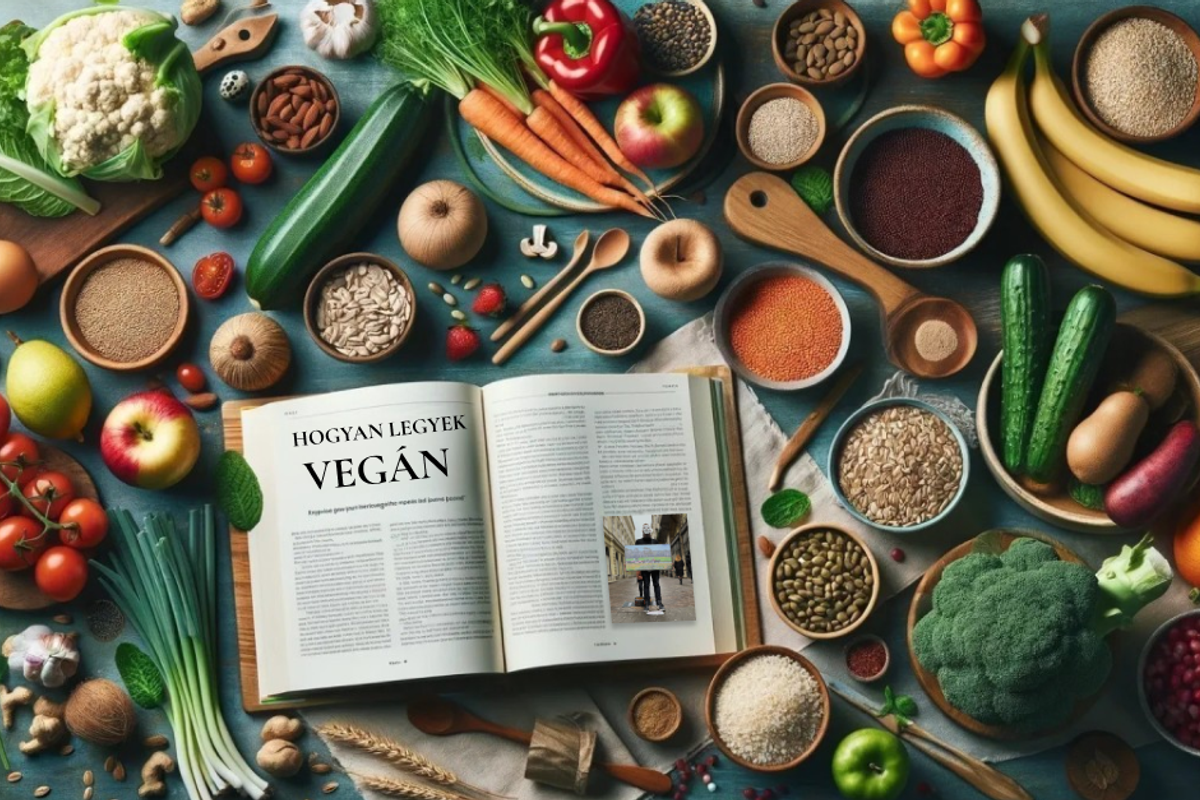 Növényi étrendhez szükséges friss zöldségek és hozzávalók színes elrendezésben egy asztalon, mellettük egy nyitott könyv 'Hogyan legyek vegán' címmel