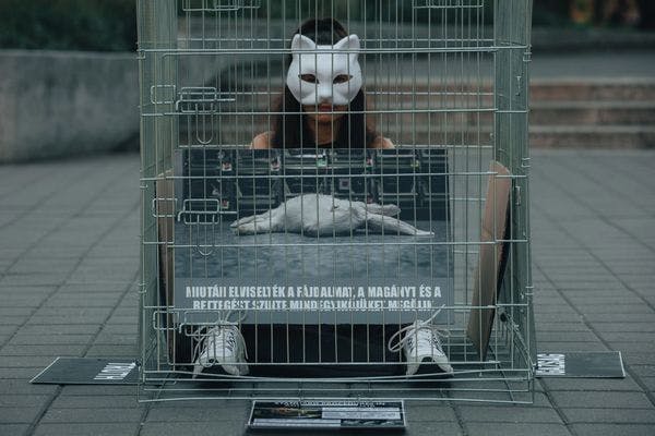 Nő ül egy ketrecben a vegán "Le az állatkísérletekkel" demonstráción